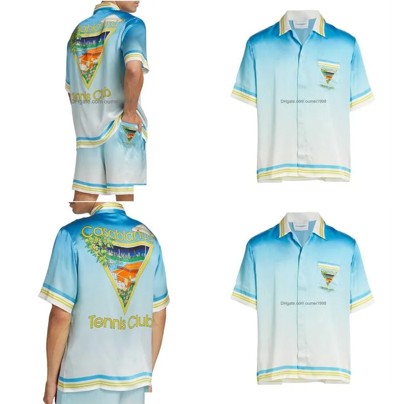 Casablanca Designer Shirt 23ss Blue Tennis Court Men and Women`s White Twill Silk Short-sleeved Shirt Casablanc