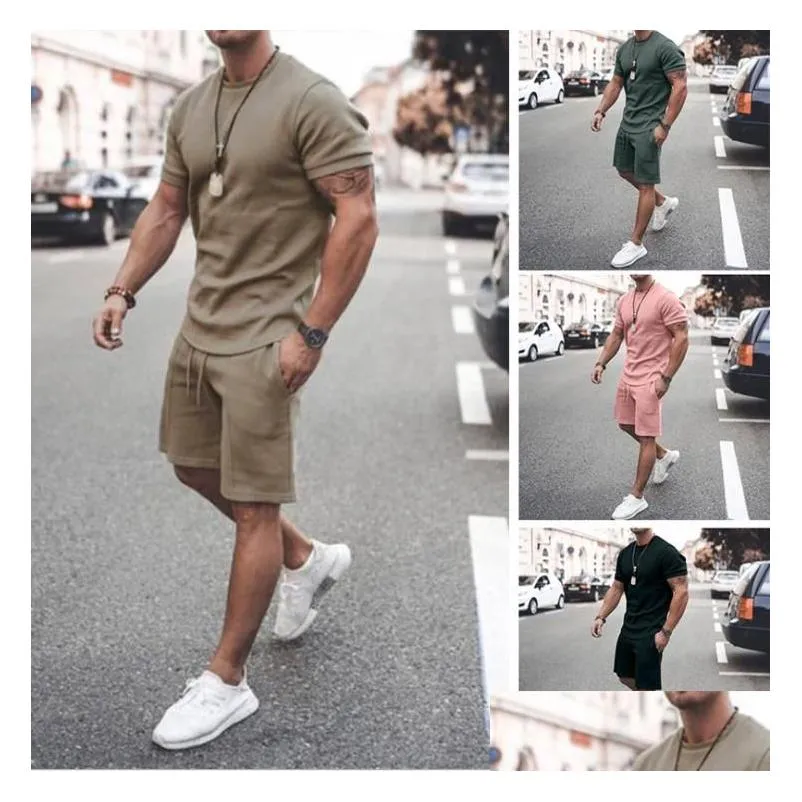 mens tracksuit 21 summer short sleeves shorts casual pure color outfits men breathable two piece pants active sweatsuits