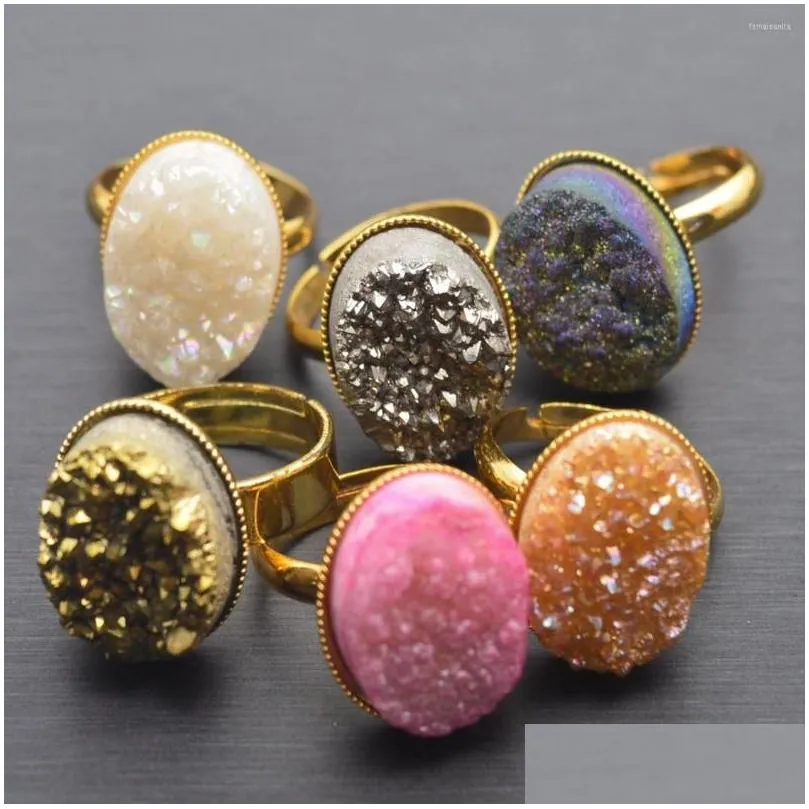 Wedding Rings Natural Crystal Druzy Finger Ring Charm Exaggerated Gold Plating Minerals Geode Gem Stone Oval For Women