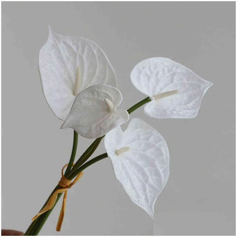 faux floral greenery 4 pieces real touch artificial pu flowers anthurium christmas wedding home decor luxury fake plants orchid flowers accessories white