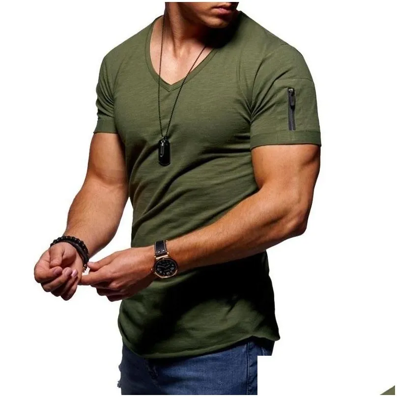 zipper sleeve slim fit t-shirt men v neck raw edge t shirt men hip hop tops tee shirt homme t-shirt