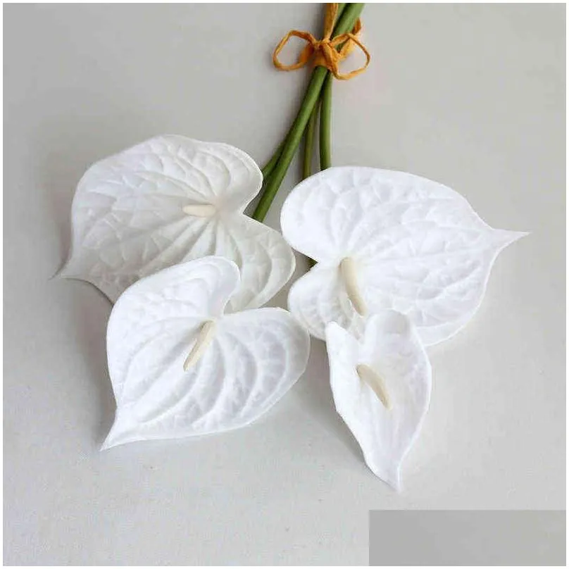faux floral greenery 4 pieces real touch artificial pu flowers anthurium christmas wedding home decor luxury fake plants orchid flowers accessories white