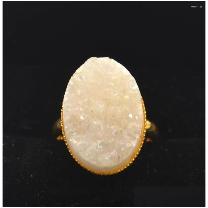 Wedding Rings Natural Crystal Druzy Finger Ring Charm Exaggerated Gold Plating Minerals Geode Gem Stone Oval For Women