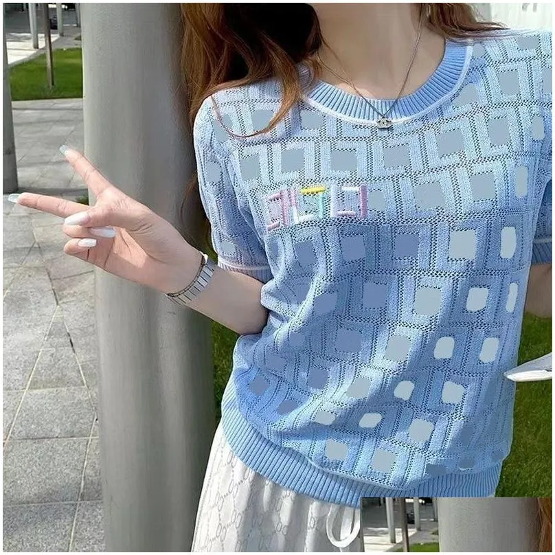 High Quality Designer Blue Hollow Out Knit Tee Fashion Full Letter F Summer Women`s T-Shirt Short Sleeve Tees