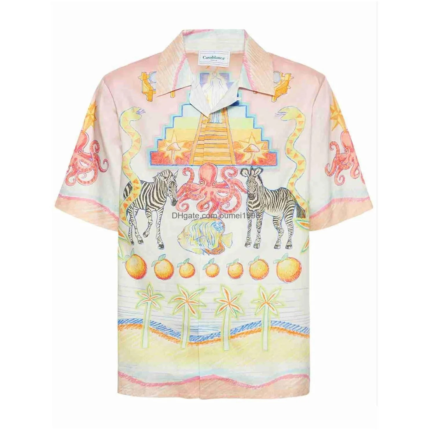 Casablanca 23ss Crayon Colored Shirts Designer Men Beach Shirt Unisex Twill Silk Short Sleeve Shirts Summer Polos Casablanc