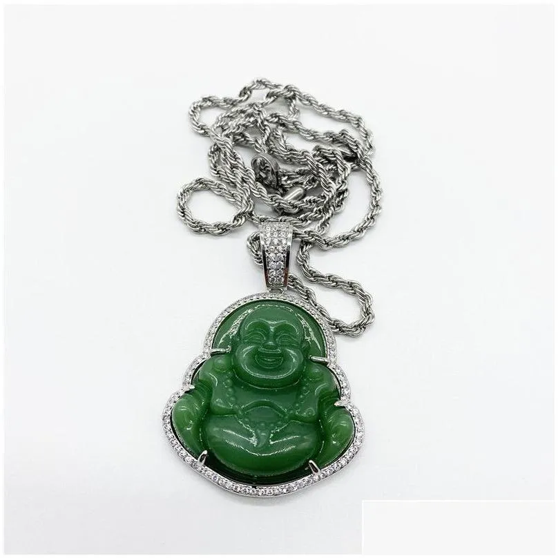 18k gold plated finish green jade lab simulated diamonds laughing buddha iced out pendant necklace cz jewelry