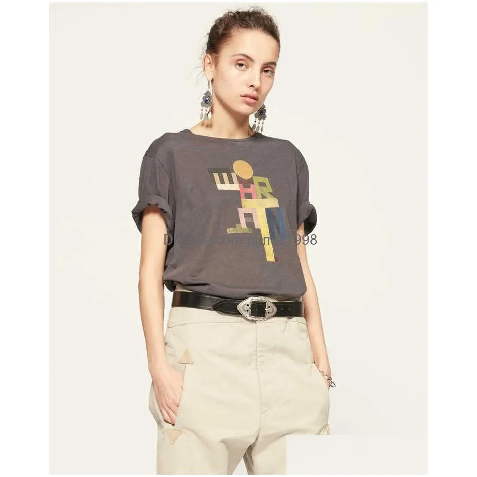Isabel Marant Women Designer T shirt Letter Digital Printing Bamboo Pure Cotton Short Sleeve Fashion Tops Beach Tees