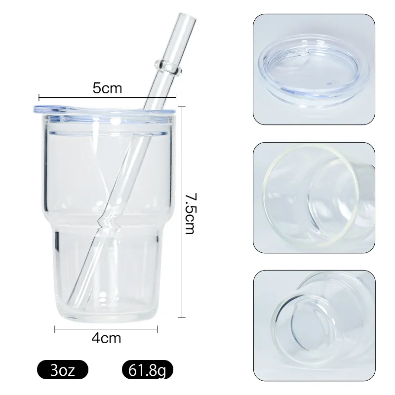 Wholesale frosted sublimation blanks 3oz mini shot glass clear glass tumbler with straw and lid