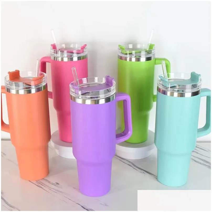 40oz stainless steel tumbler with handle lid straw big capacity beer mug water bottle powder coating outdoor camping cup vacuum insulated drinking