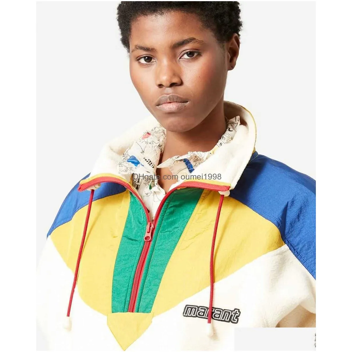 Isabel Marant Etoile Zip-up Bomber Jacket Alphabet Fleece Zipper Contrast Splice Polo Pullover Sweatshirt Women Long Sleeve Loose