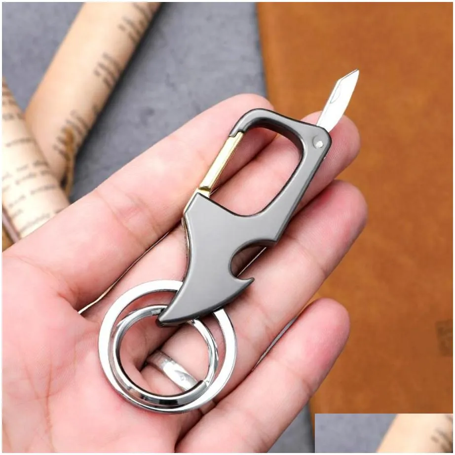 classic men mini foldable knife keychain outdoor multi-functional 2 in 1 metal bottle opener with two key rings for boy gifts