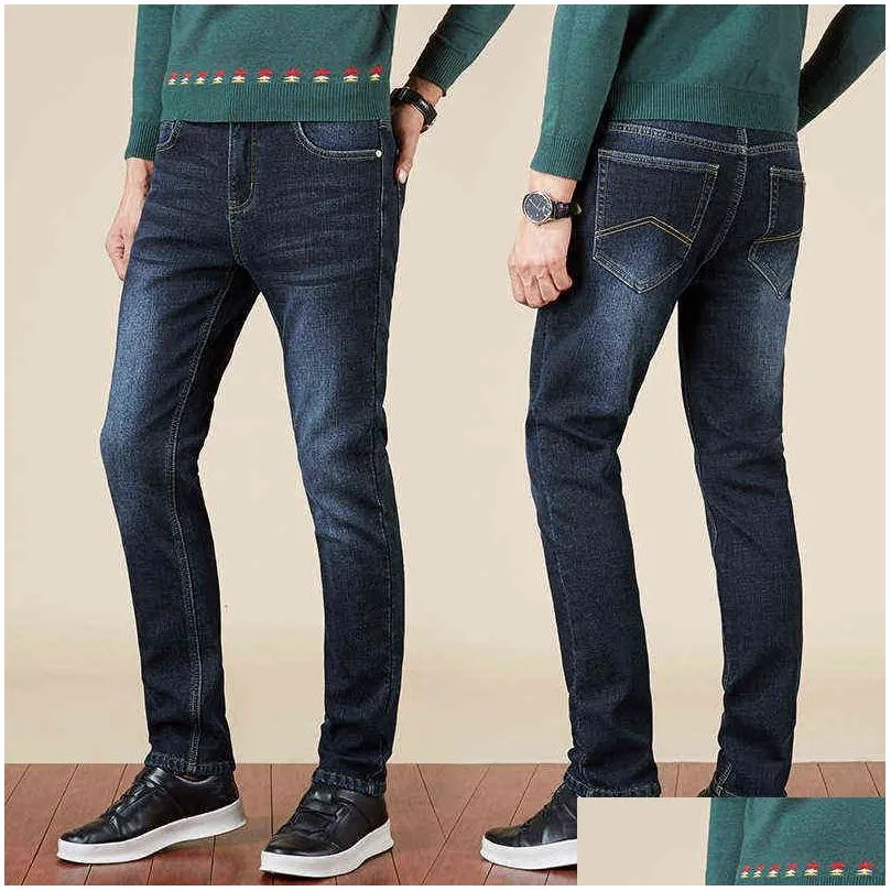 brand fashion winter plush thickened jeans mens slim straight elastic large warm pants