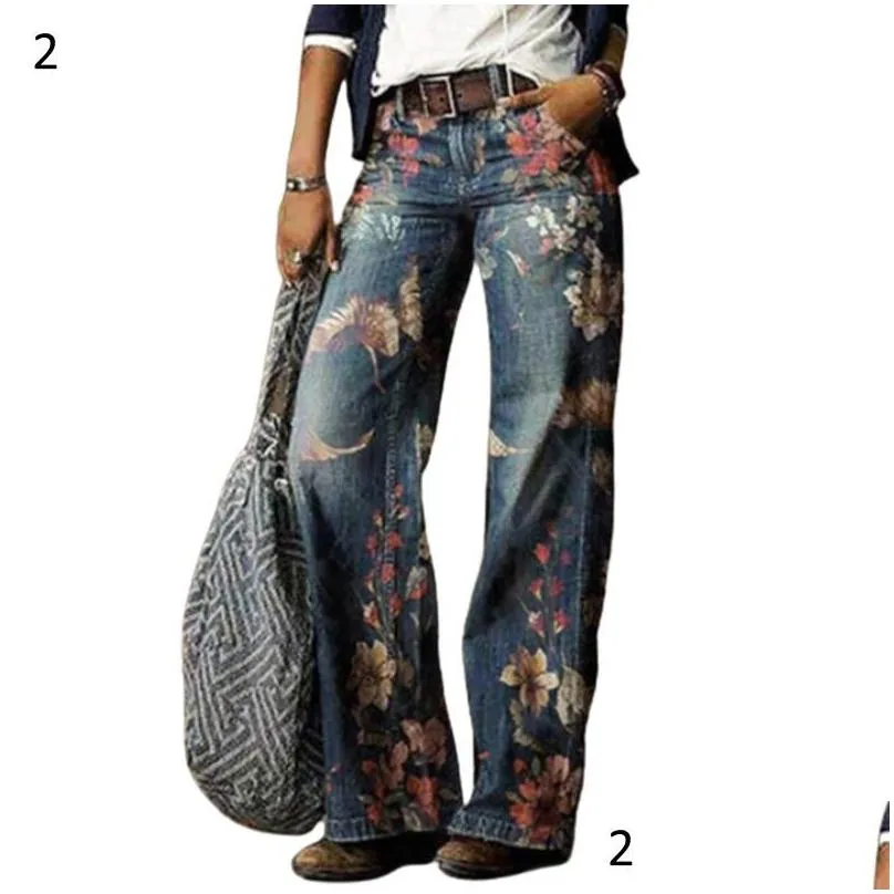 women denim pants casual plus size loose autumn winter elegant floral print vintage ladies wide leg trousers 3xl