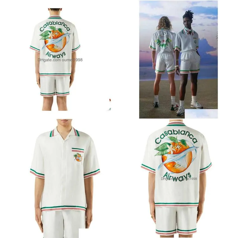 Casablanca Designer Shirt 2023ss White Orange Print Couple White Twill Silk Shirt Casablanc