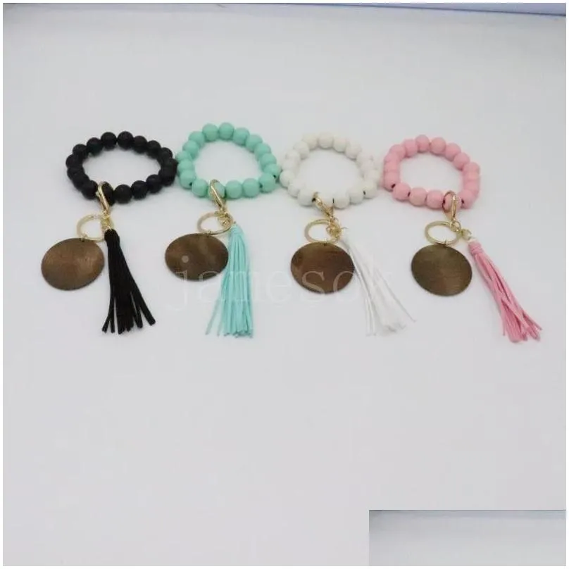 Wood beaded bracelet keychain blank disc tassel key ring pendant pure multicolor optional DD533