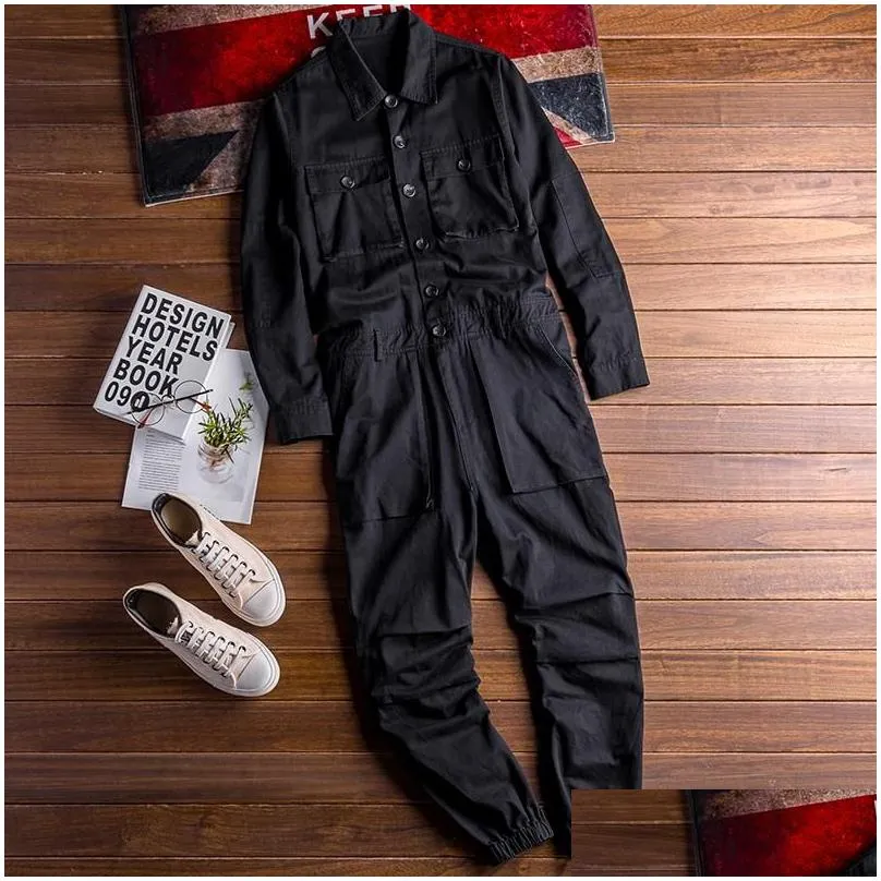 lapel jumpsuit mens cotton overalls hip-hop street clothing japanese and korean loose couple corset jumpsuit green black