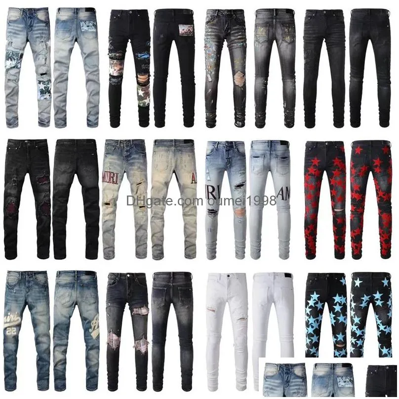 Mens Jeans For Guys Rip Slim Fit Skinny Man Pants red Star Patches Wearing Biker Denim Stretch Cult Stretch Motorcycle Trendy Long Straight Hip Hop With Hole