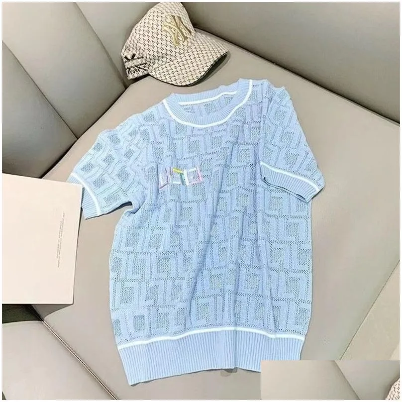 High Quality Designer Blue Hollow Out Knit Tee Fashion Full Letter F Summer Women`s T-Shirt Short Sleeve Tees