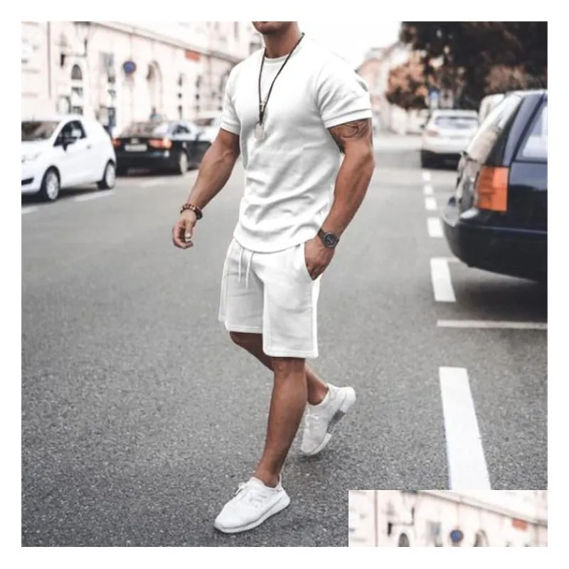 mens tracksuit 21 summer short sleeves shorts casual pure color outfits men breathable two piece pants active sweatsuits