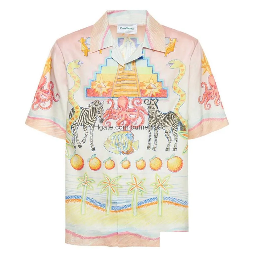 Casablanca 23ss Crayon Colored Shirts Designer Men Beach Shirt Unisex Twill Silk Short Sleeve Shirts Summer Polos Casablanc