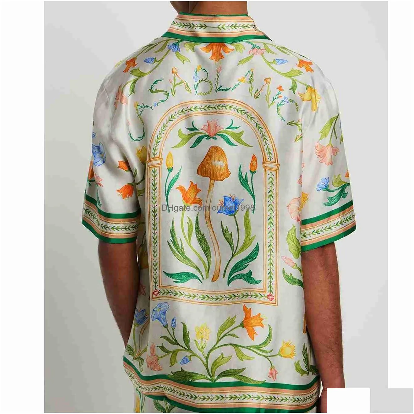 CASABLANCA 23ss Green Plants Floral Flowers Shirts Unisex Designer White Twill Silk Short Sleeve Shirt