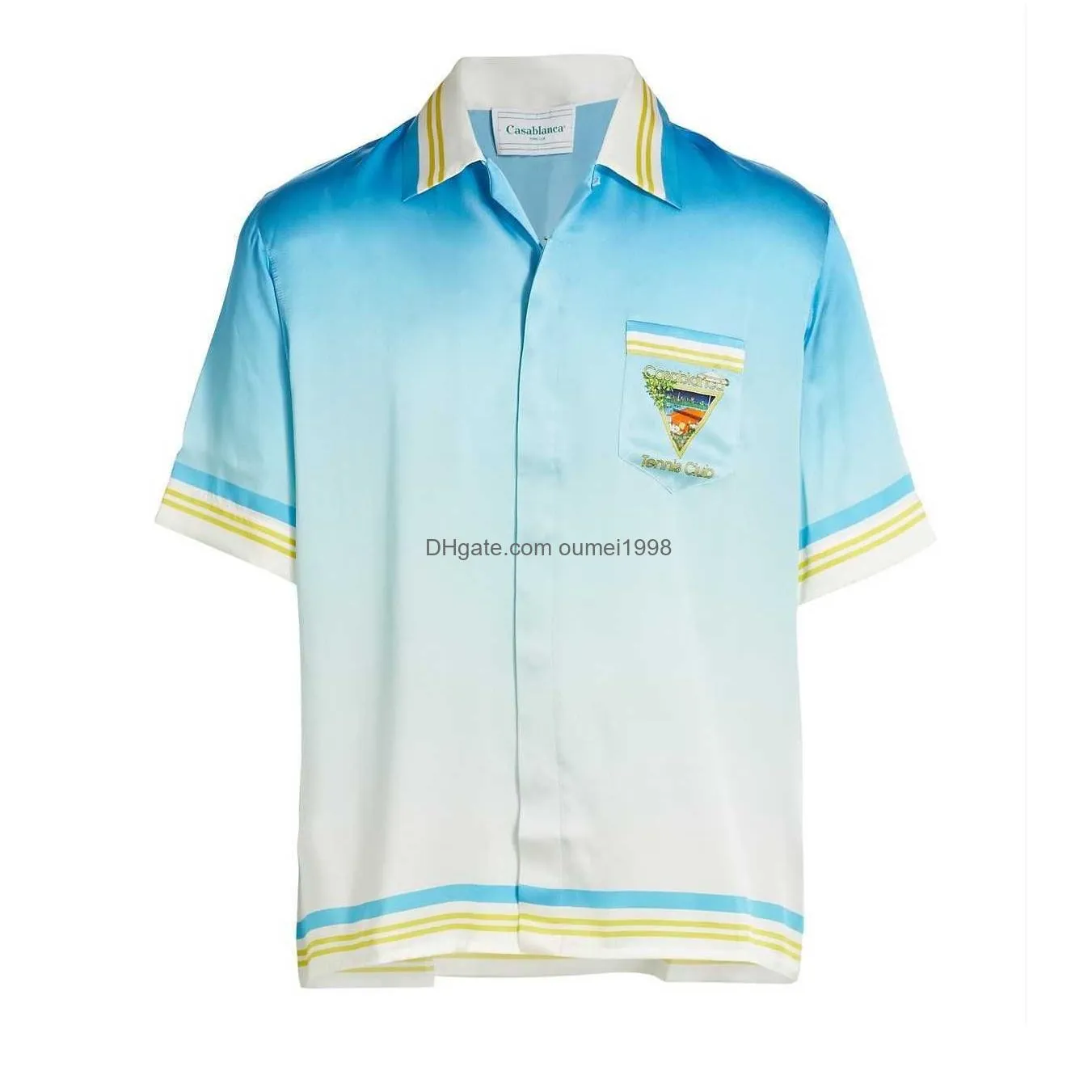 Casablanca Designer Shirt 23ss Blue Tennis Court Men and Women`s White Twill Silk Short-sleeved Shirt Casablanc