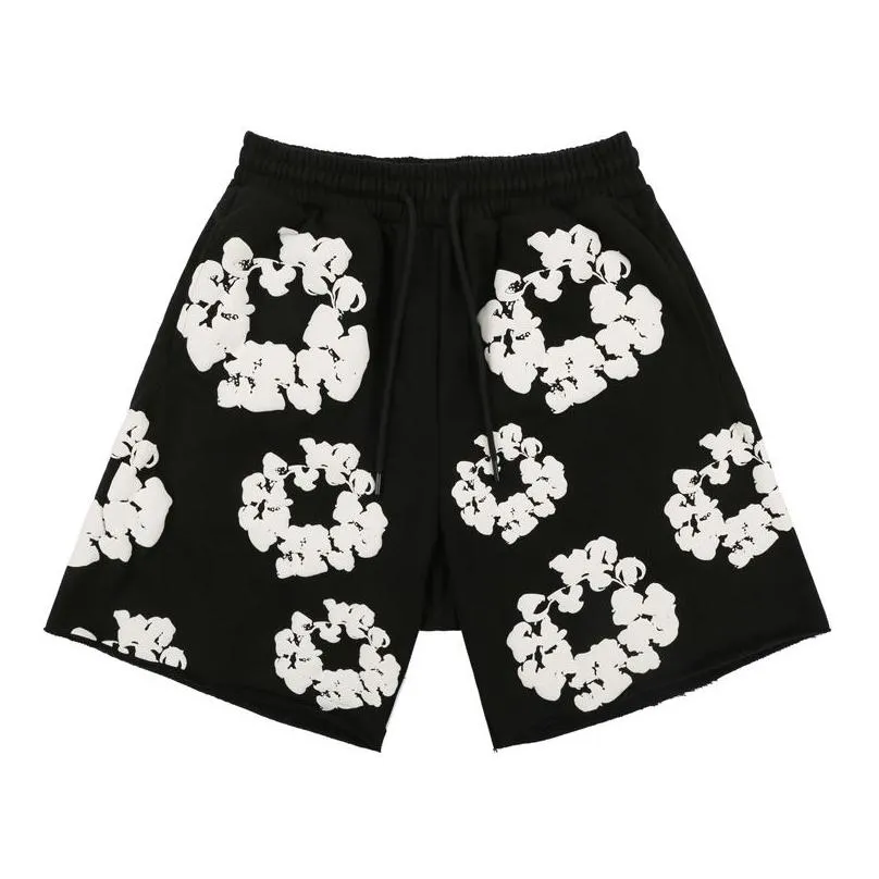 Casual Summer Europe USA Flower Puff Print Shorts Women Men High Street oversize String Running Pocket Pants Jogging Short Sweatpants