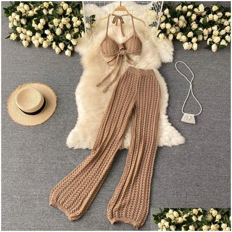 Women Summer Pants Design Knitted Set Sexy Backless Halter Short Tops Chic Hollow Knitted Wide Leg LongTwo Piece Suit