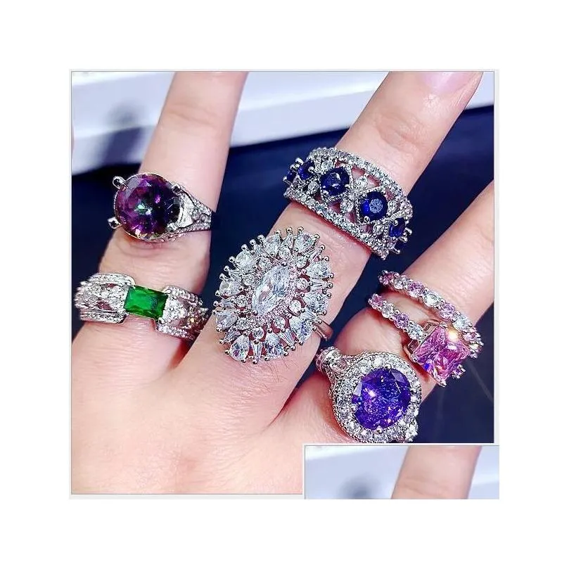 Light Luxury Crystal Zircon Stone Rings Real Gold Plate Colorful Zirconia Finger Heavy Industry Micro Pave S925 Silver Gemstone