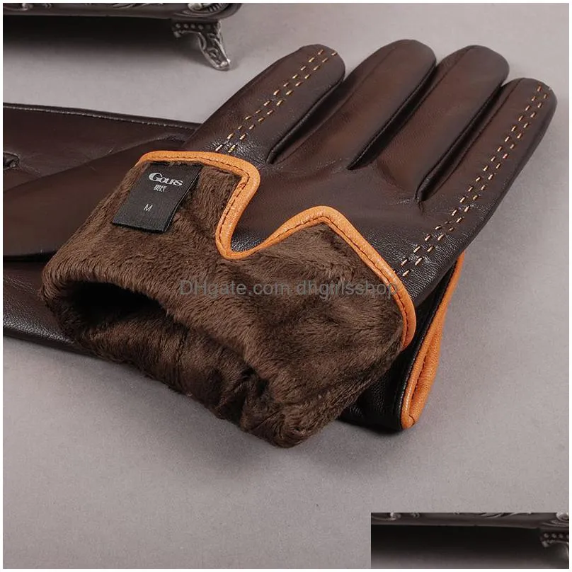 five fingers gloves gours winter men`s leather gloves brand touch screen gloves fashion warm black gloves goatskin gloves gsm012