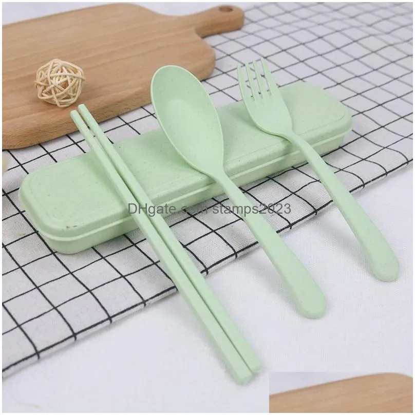 creative wheat straw cutlery set portable travel camping tableware student cute spoon fork chopsticks flatware sets dinnerware