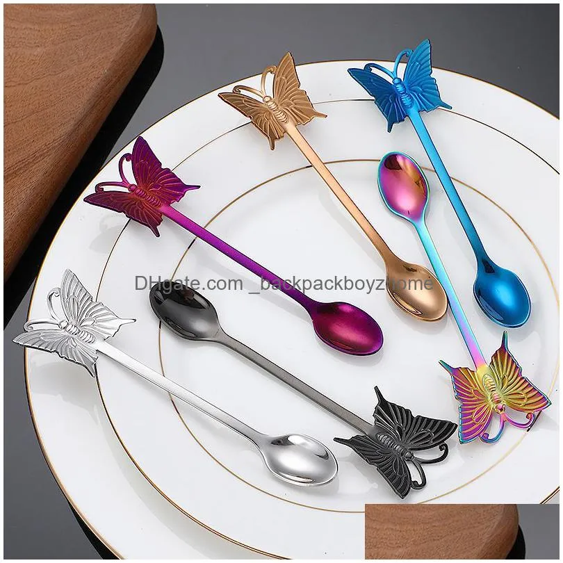 304 stainless steel coffee spoons teaspoon gold plated sugar dessert fruit fork mirror polishing butterfly handle dinnerware