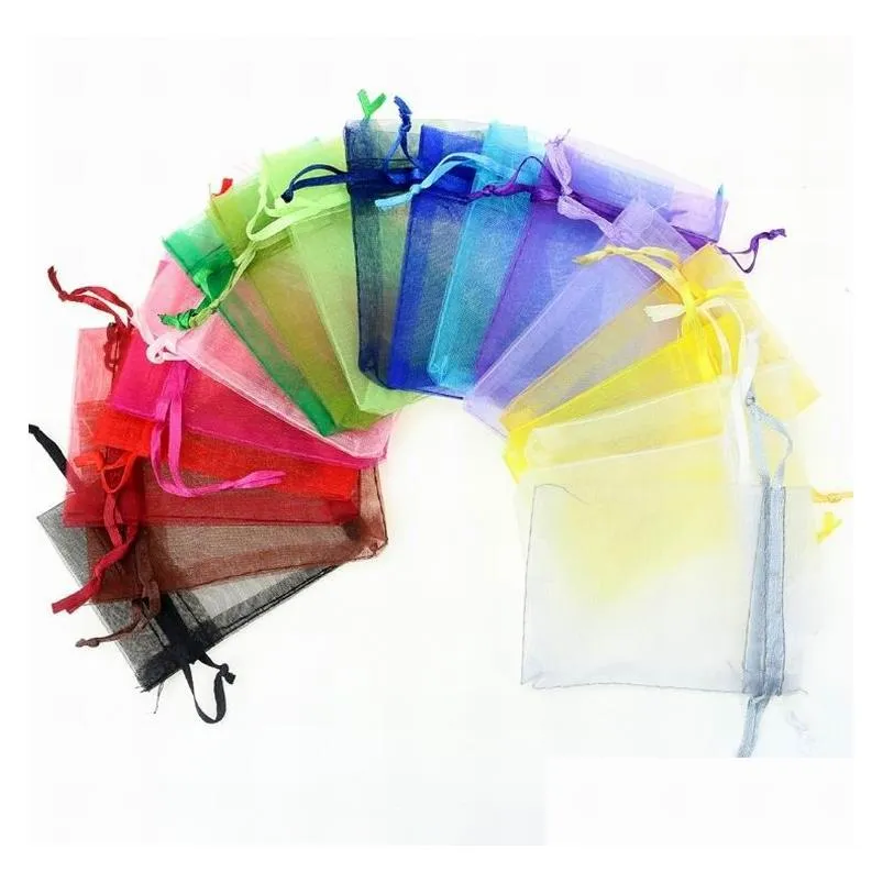 wholesale 100pcs/lot Organza Jewelry Bags Wedding Party favor Xmas Gift packing Bags Purple Blue Pink Yellow Black Drawstring Pouch 21
