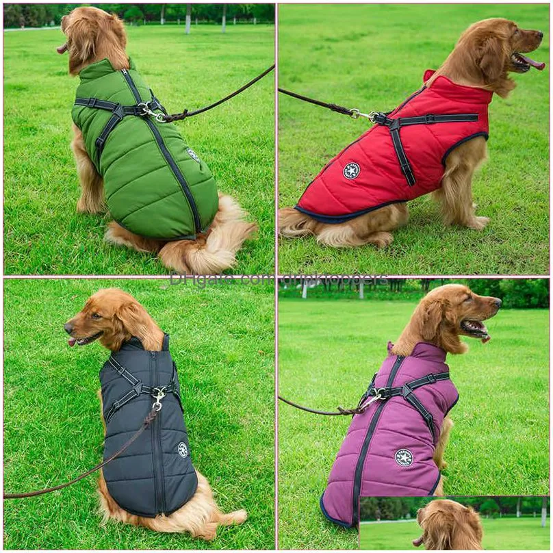 large pet dog jacket with harness winter warm dog clothes for labrador waterproof big dog coat chihuahua french bulldog outfits 201127