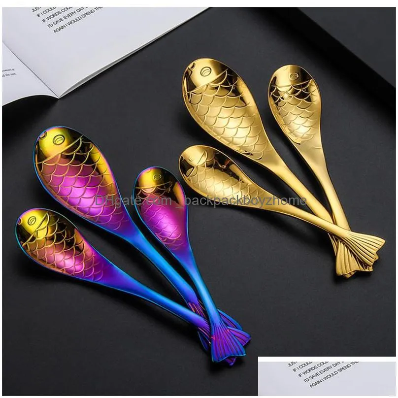 13cm cartoon fish shape stainless steel dessert cake jelly rice dinner soup kids spoon fish scoop kitchen accessories