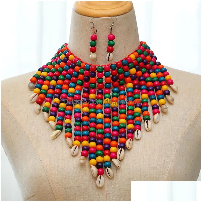 african statement chunky necklaces for women multi strand colorful bead layered necklace fashion jewelry costume earrings set 220810