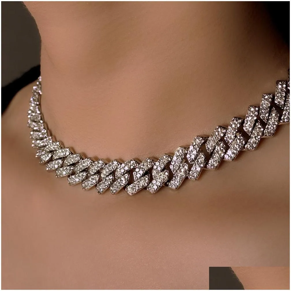 15mm Micro Pave Prong Cuban Chain Necklaces Fashion Hiphop Full Iced Out Rhinestones Jewelry For Men Women