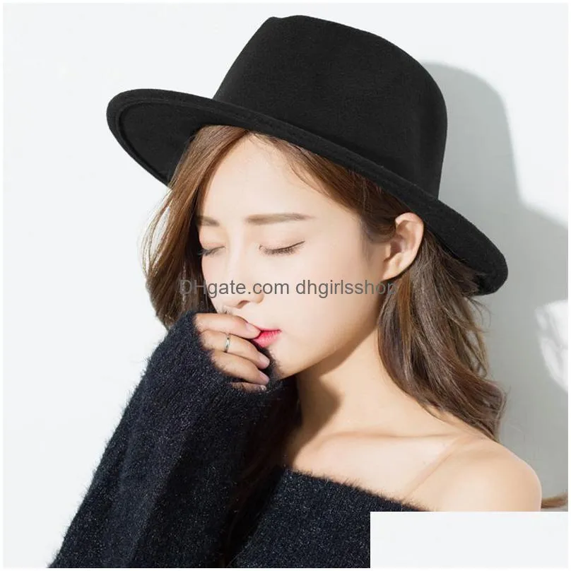 flat top fedoras for women solid color imitation woolen jazz cap elegant british wide brim ladies caps bowler hats fedora 220810