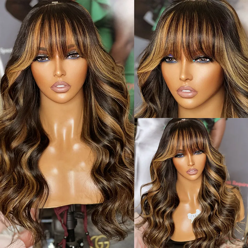 30 Inch Highlight Ombre 13x6 Body Wave Frontat Wig with Bangs 220% Colored Brazilian 13x4 HD Lace Front Human Hair Wig for Women