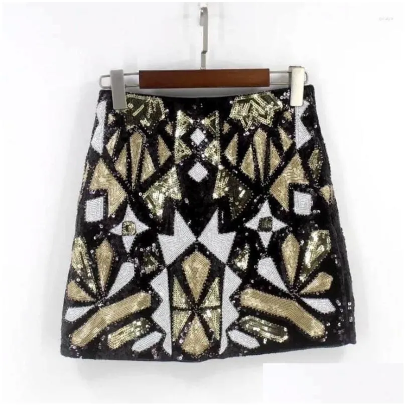 Skirts Spring Wemen`s Fashion Baroque Geometric Beaded Embroidery Sequins Skirt