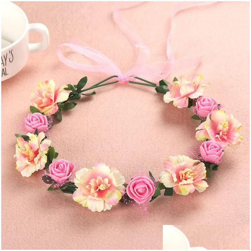 6 Colors Adult Kids Irregular Faux Rose Flower Headpieces Girls Bridal Wedding Gradient Colored Wreath Crown Mesh Headpiece