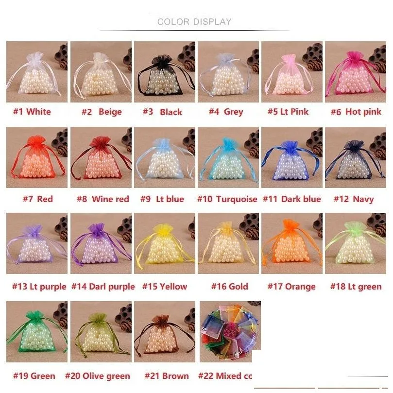 wholesale 100pcs/lot Organza Jewelry Bags Wedding Party favor Xmas Gift packing Bags Purple Blue Pink Yellow Black Drawstring Pouch 21
