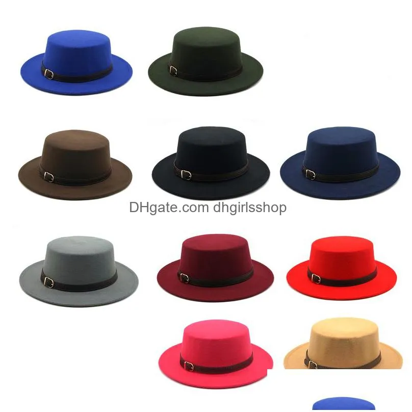retro winter autumn women men top hat imitation woolen felt fedora hats belt buckle decorated ladies boater hat flat brim 220810