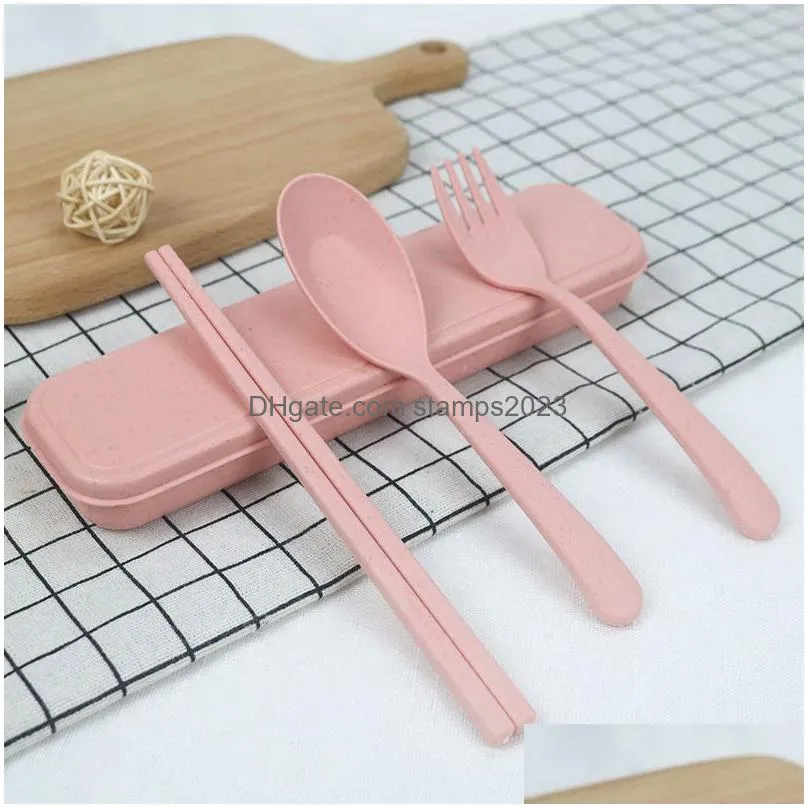 creative wheat straw cutlery set portable travel camping tableware student cute spoon fork chopsticks flatware sets dinnerware