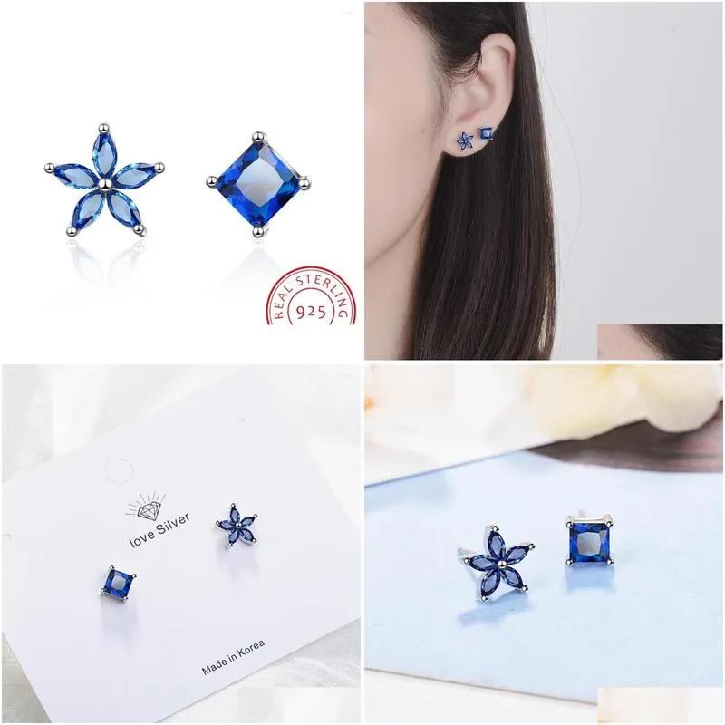 Stud Earrings Asymmetrical Simple Blue Flower 925 Silver Needle Zircon For Women Girl Boucle D`oreille S-e648