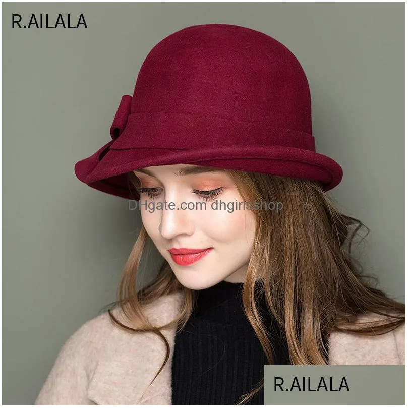 ladies party banquet formal headwear spring autumn fashion british top hat rolled asymmetric bow 100% wool felt fedoras 220819