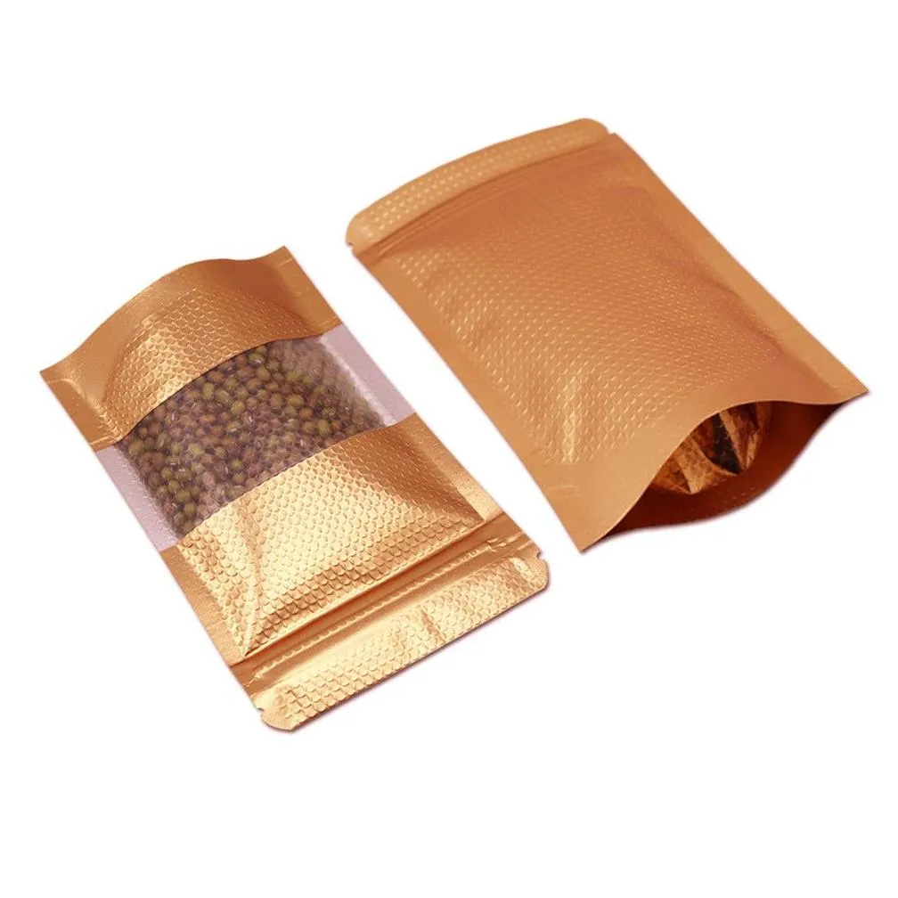 wholesale 300Pcs/Lot Stand Up Gold Aluminum Foil Embossed Zipper Lock Bag for Zip Poly Packaging Lock Heat Seal Doypack Mylar Packing Bags with