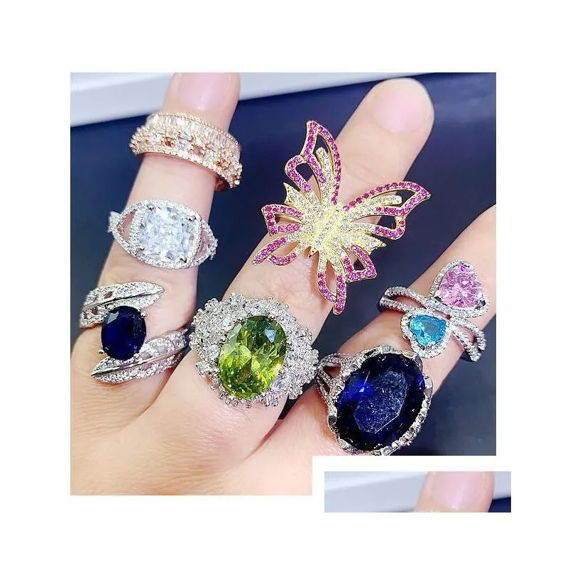 Light Luxury Crystal Zircon Stone Rings Real Gold Plate Colorful Zirconia Finger Heavy Industry Micro Pave S925 Silver Gemstone