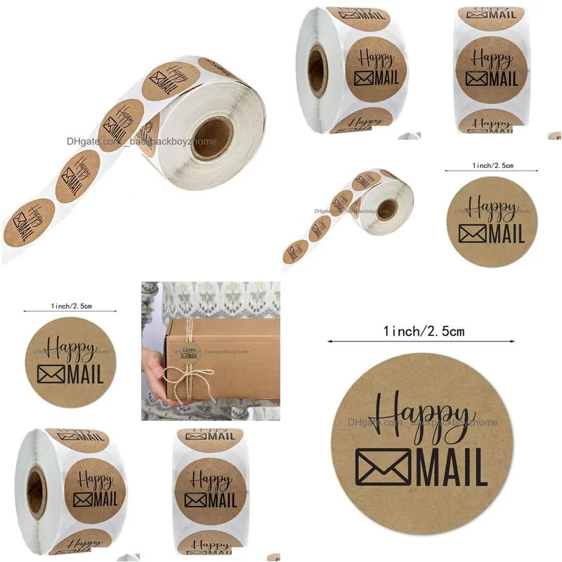 wholesale 500pcs/roll happy mail stickers 1 inch round kraft thank you stickers for small business shipping envelope packaging labels