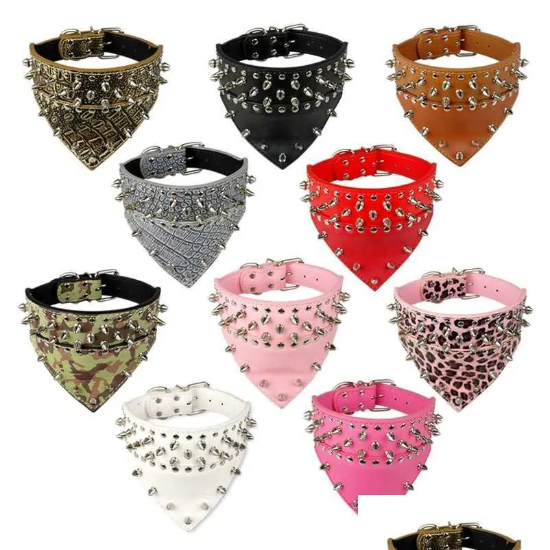 2 wide pet dog bandana collars leather spiked studded pet dog collar scarf neckerchief fit for medium large dogs pitbull boxer 211006